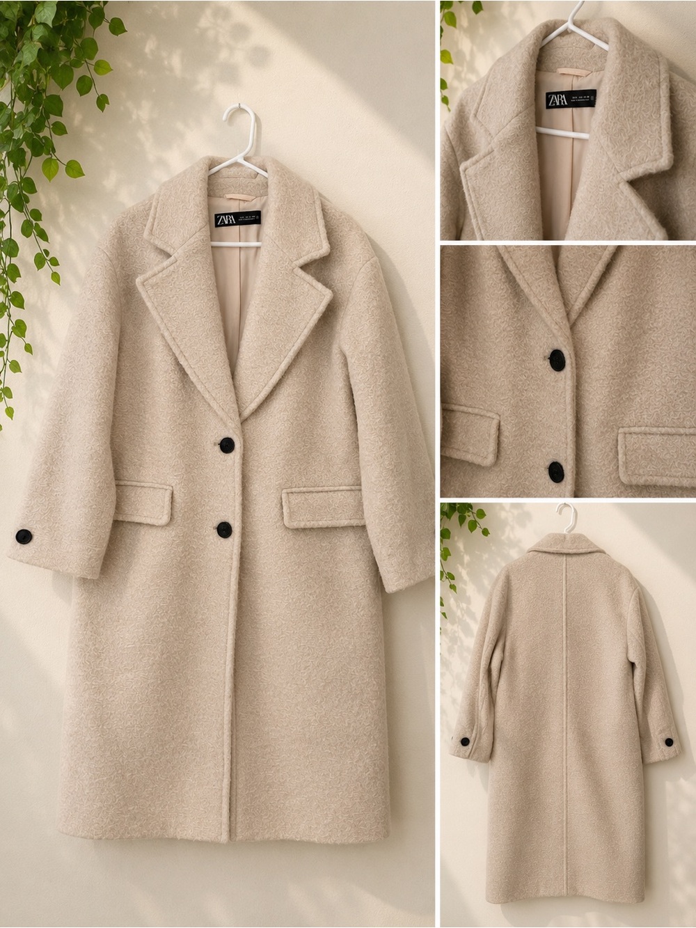 Zara Beige Wool-Blend Long Pea Coat View 2